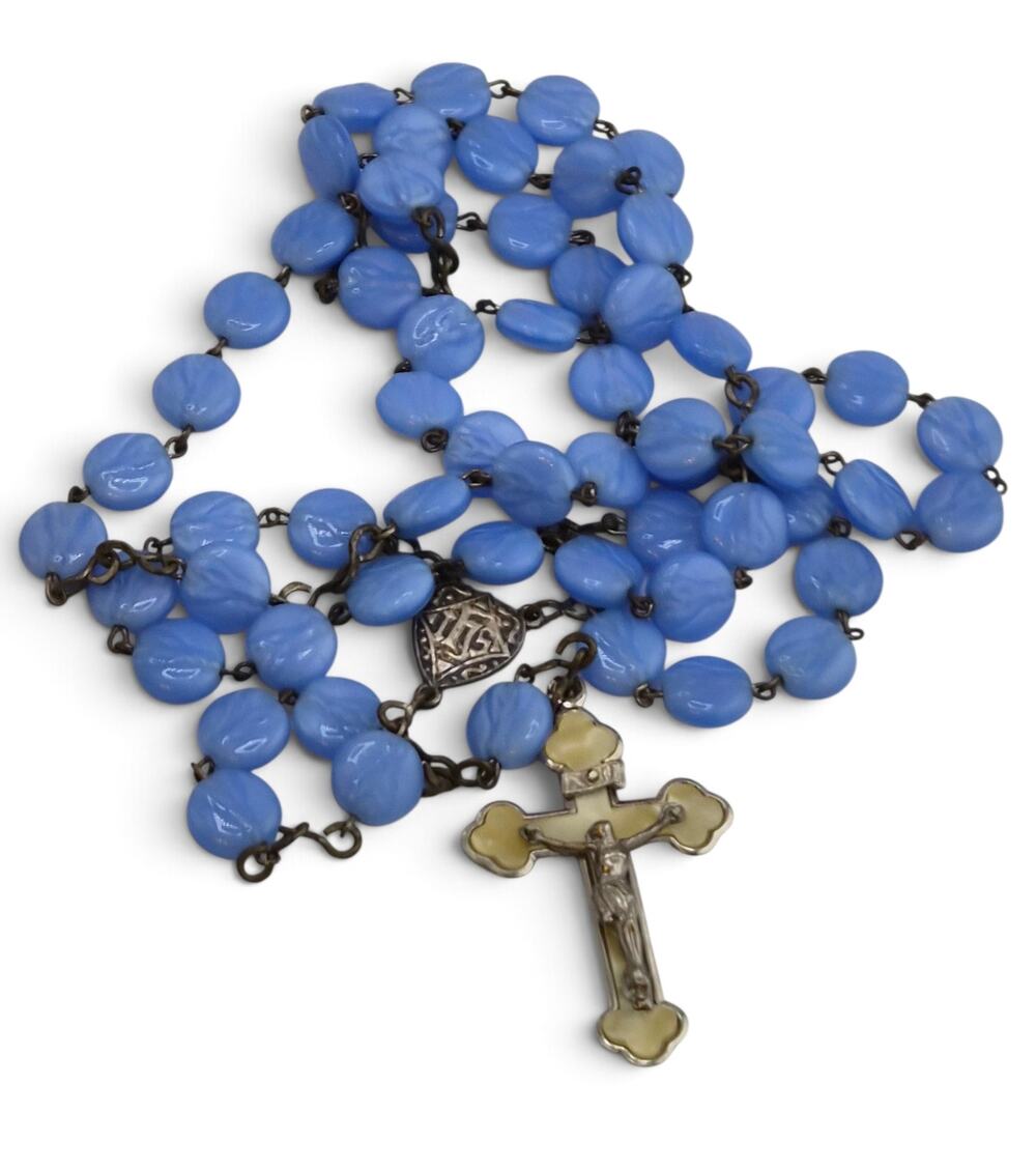 Vintage German Blue Marbled Glass Rosary IHS Centerpiece Crucifix 36 Inch